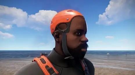 Rust player wearing a kayak helmet